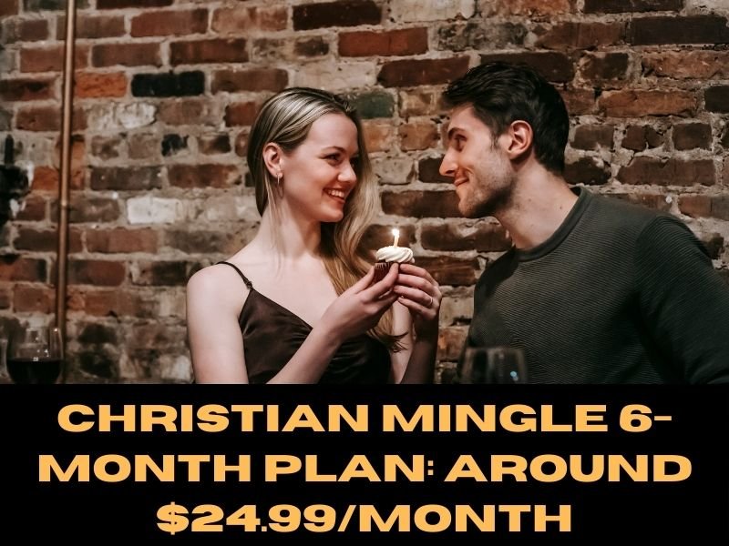Christian Mingle subscription price in 2025 – illustration of a Christian couple checking dating app pricing on a smartphone with price chart for monthly plans, faith-based relationship concept.